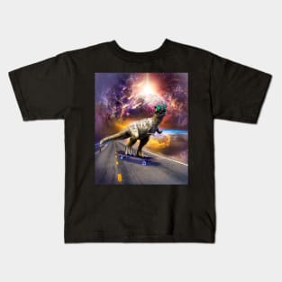 Dinosaur With Sunglasses On Skateboard In Space Kids T-Shirt